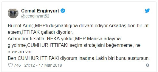 MHP'li vekilden Bülent Arınç'a tepki: Biri bunu sustursun