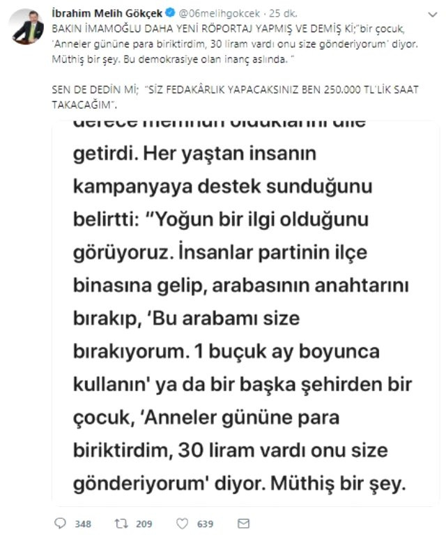 Melih Gökçek'ten Ekrem İmamoğlu'na 250 bin TL'lik saat göndermesi