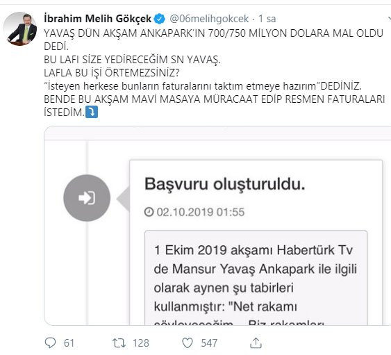 Melih Gökçek Mansur Yavaş’tan fatura istedi: Bu lafı size yedireceğim