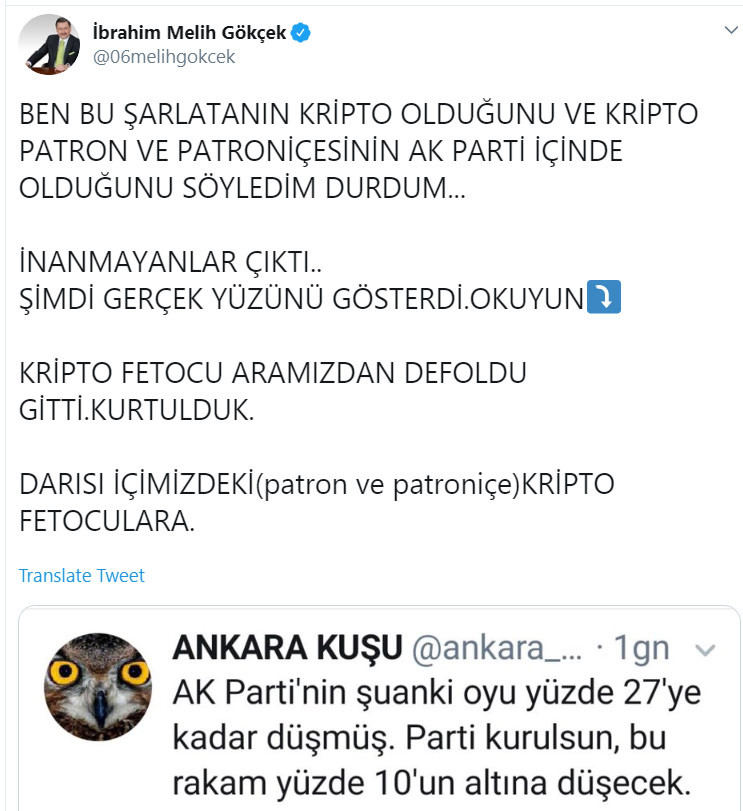 Gökçek, yaptığı paylaşımla AK Parti içinde kripto FETÖ’cü olduğunu itiraf etti