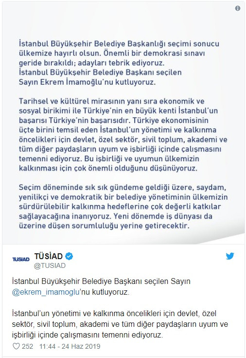 TÜSİAD’dan Ekrem İmamoğlu’na kutlama