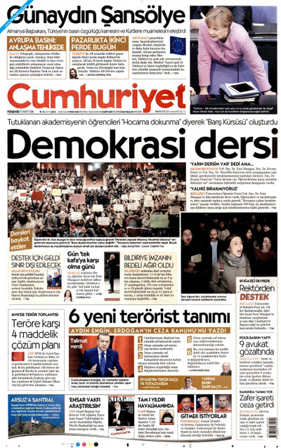 Cumhuriyet Gazetesi Manşeti