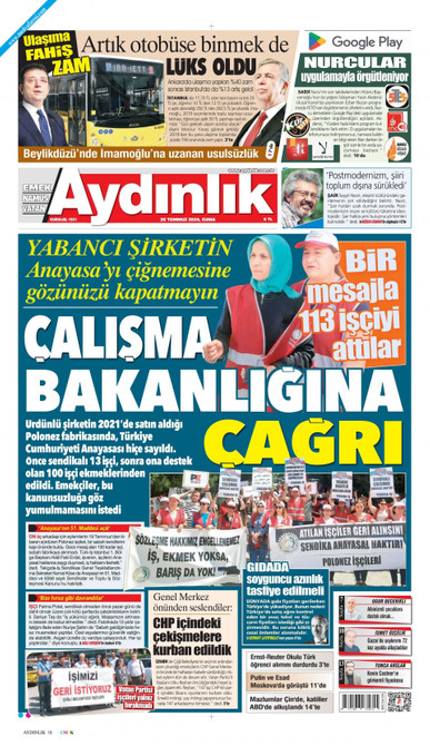 Aydınlık Gazetesi Gazetesi Manşeti