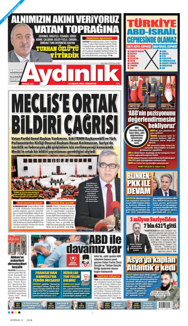 Aydınlık Gazetesi Gazetesi Manşeti