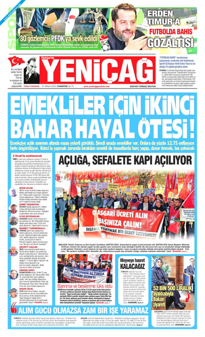 Yeniçağ Gazetesi Manşeti