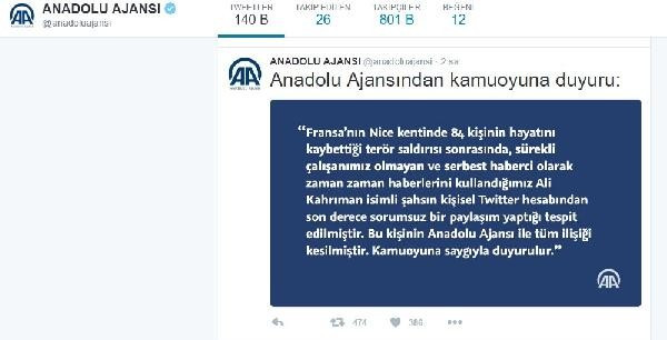 Fransa’daki saldırıyla ilgili tweet atan AA muhabiri Ali Kahrıman'a büyük tepki! - Resim: 1