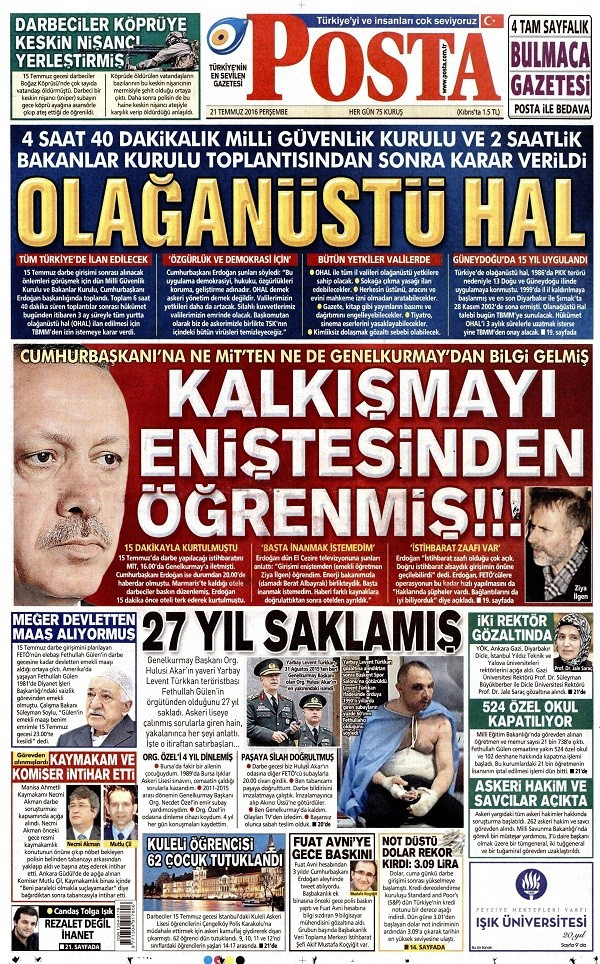 21 Temmuz 2016 gazete manşetleri