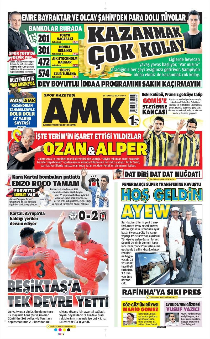 Günün spor manşetleri… 27 Temmuz 2018