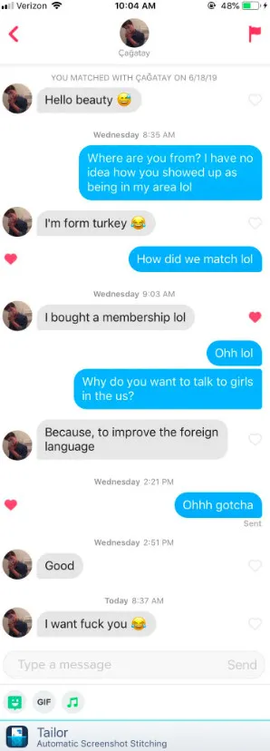 Tinder'da eşleştiği Amerikalı kadına attığı mesajla gündem olan Türk genci!
