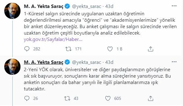 YÖK Başkanı'ndan Açıklama: Bu Anket Bahar Dönemine Işık Tutacak