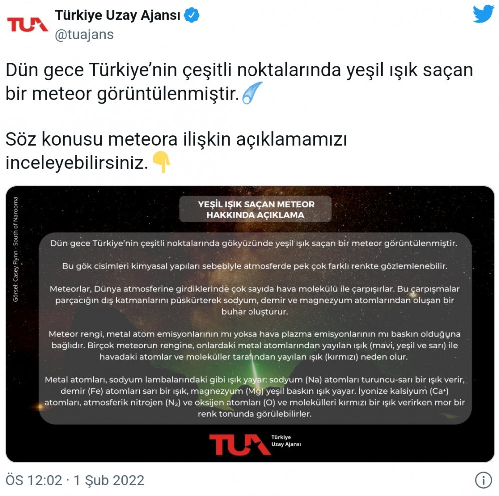 İstanbul'da Görülen Meteor Hakkında Türkiye Uzay Ajansı'ndan Açıklama