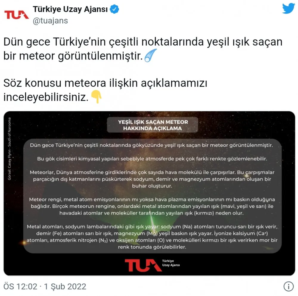 İstanbul'da Görülen Meteor Hakkında Türkiye Uzay Ajansı'ndan Açıklama
