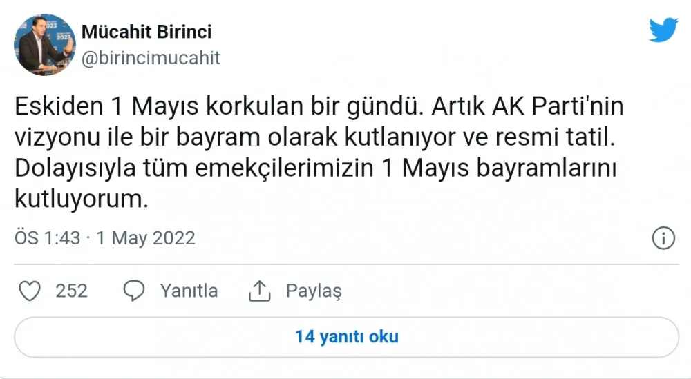 AKP'li Birinci'nin 1 Mayıs Paylaşımına Tepki Yağdı