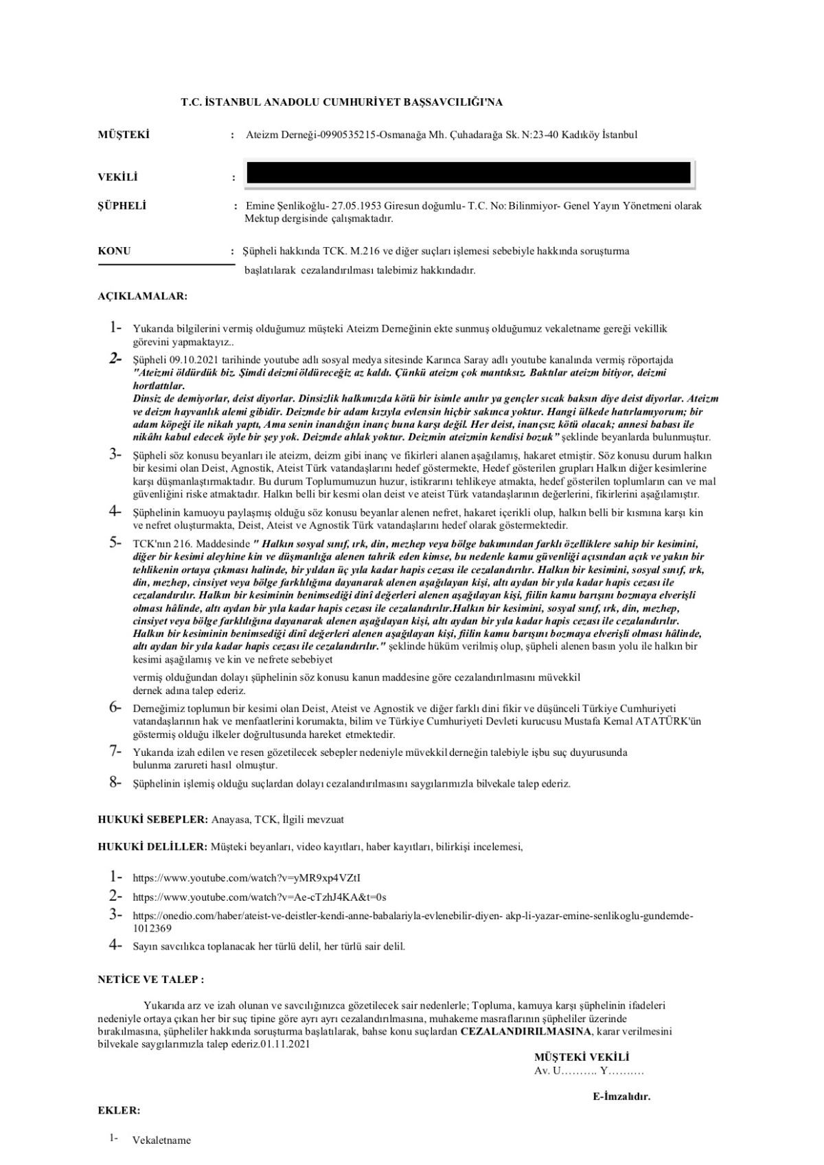 Deist ve Ateistlere Hakaret Eden Emine Şenlikoğlu'na Suç Duyurusu - Resim: 1