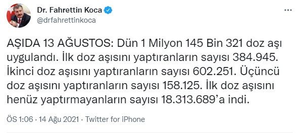 Fahrettin Koca: Uygulanan Aşı Dozlarına İlişkin Oranı Açıkladı - Resim: 1