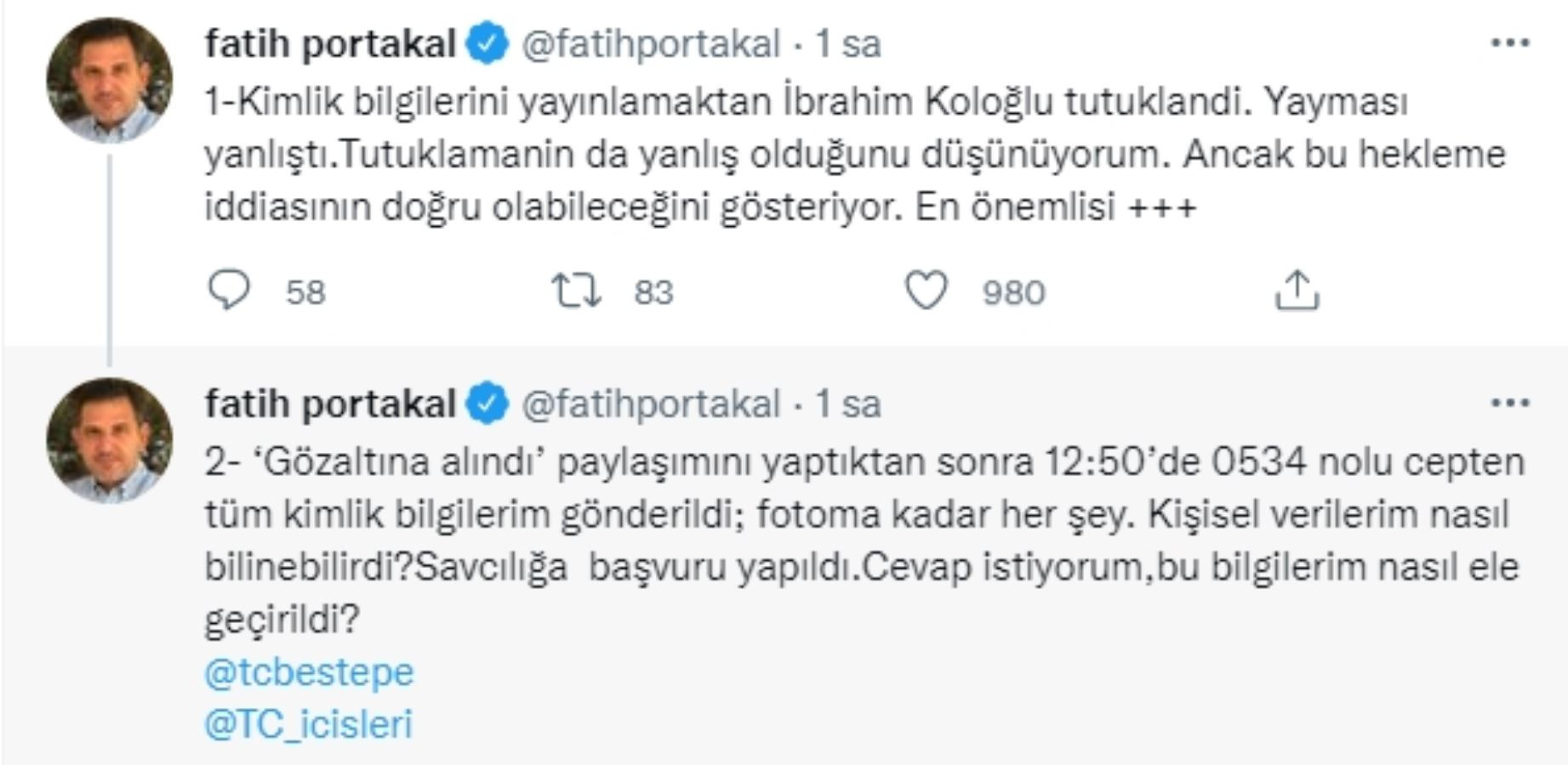 Fatih Portakal: Haskoloğlu Gözaltına Alındıktan Sonra Tüm Kimlik Bilgilerim Gönderildi - Resim: 1