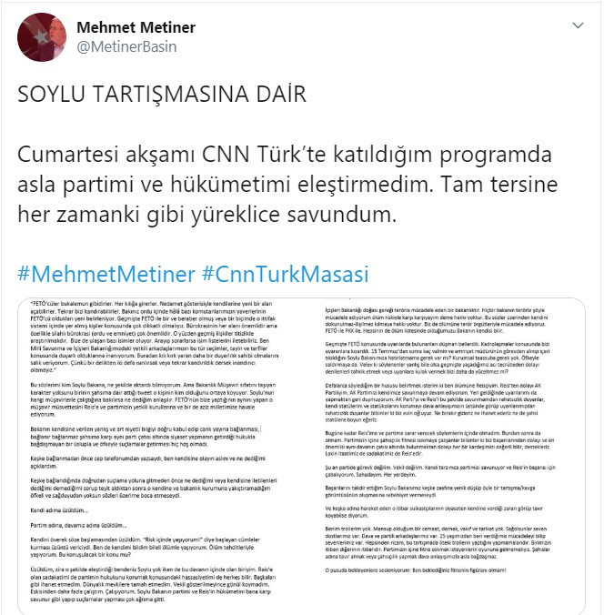 Süleyman Soylu'yla tartışan AKP'li Metiner'den yeni açıklama - Resim: 1