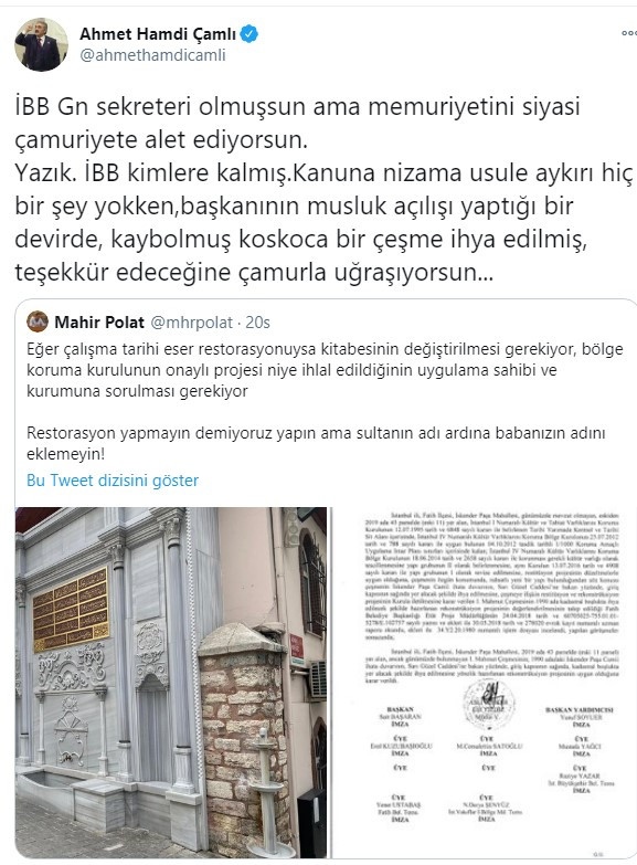 Babasının adını 270 yıllık çeşmeye yazdıran AKP'li Çamlı: Teşekkür edeceğine çamur atıyorsun - Resim: 1