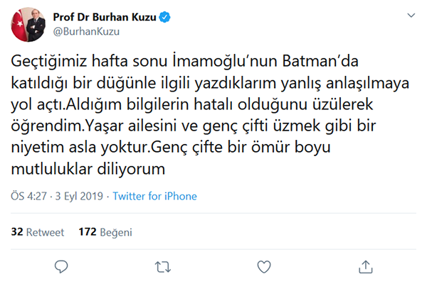 Burhan Kuzu, İmamoğlu'nun düğününe katıldığı Cihan Yaşar'dan özür diledi - Resim: 1