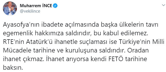 Muharrem İnce'den Erdoğan'a: İhanet arıyorsa kendi FETÖ tarihine baksın! - Resim: 1
