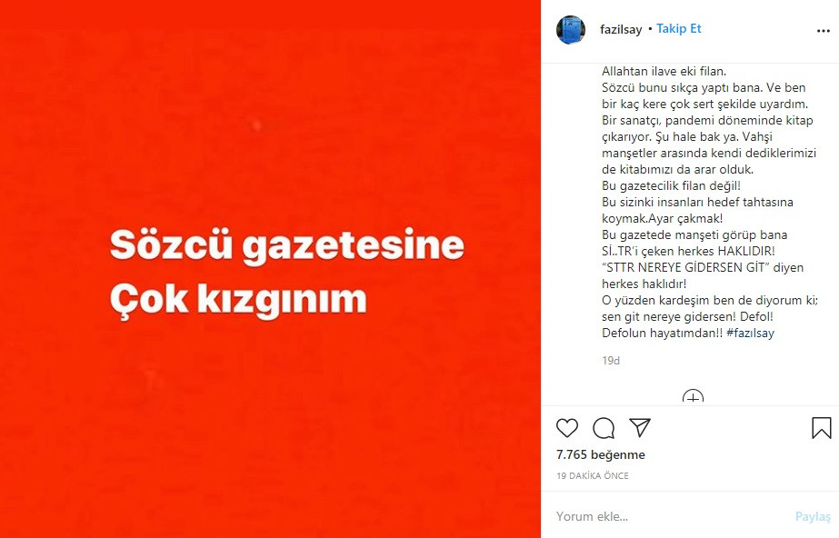 Fazıl Say'dan Sözcü'ye tepki: Manşeti okuyan bana küfürü basar - Resim: 1