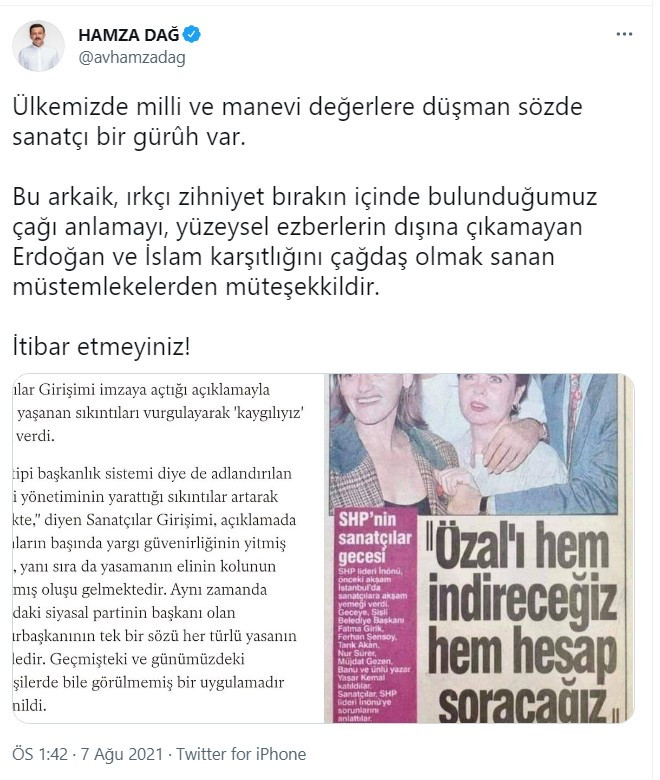 AKP'li Hamza Dağ Sanatçıları Hedef Gösterdi: Sözde Sanatçı Bir Güruh Var - Resim: 1