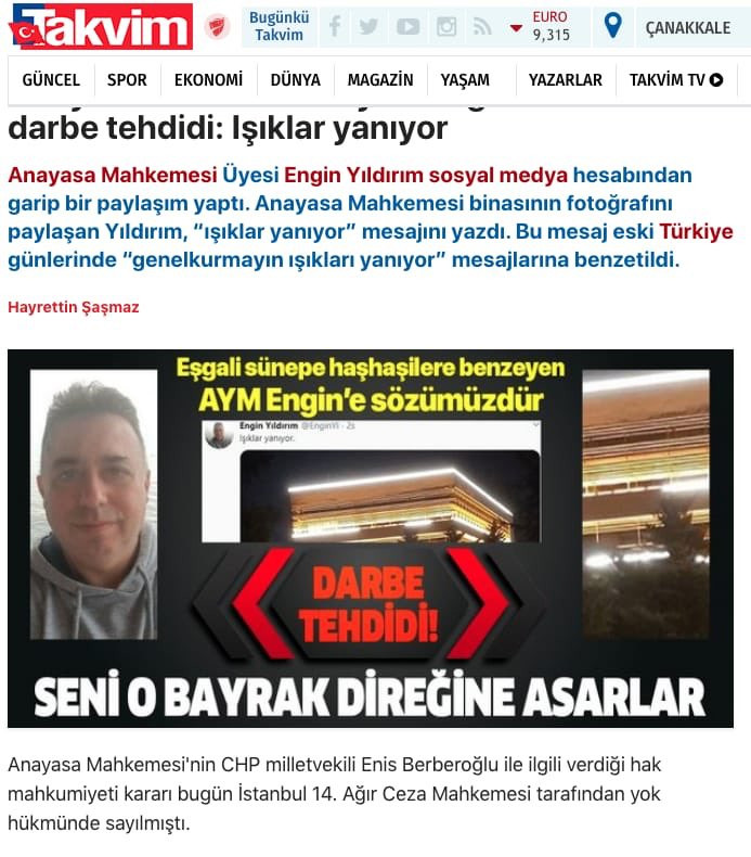 Takvim'den AYM üyesi Engin Yıldırım'a tehdit: Seni o bayrak direğine asarlar - Resim: 1