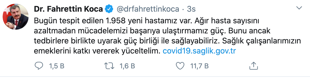 Fahrettin Koca'ya göre 1958 yeni hasta var, Sağlık Bakanlığı’na göre 2026 hasta - Resim: 1