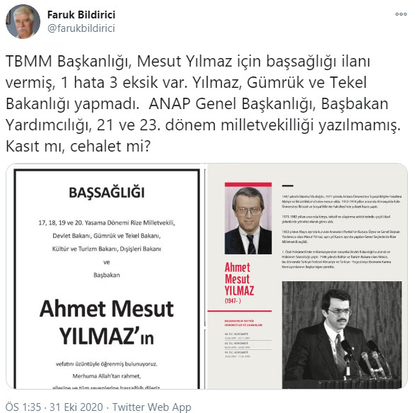 TBMM'nin Mesut Yılmaz için verdiği taziye ilanında skandal hata - Resim: 1