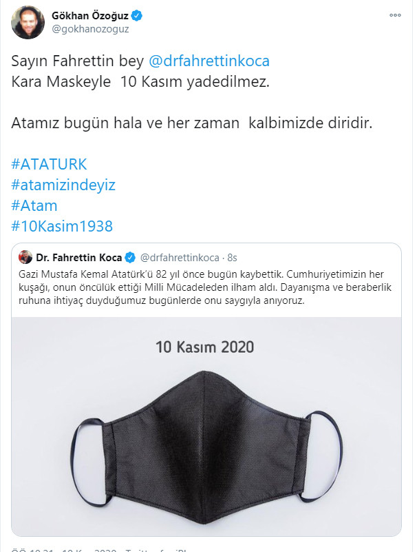 Gökhan Özoğuz'dan Koca'nın maskeli 10 Kasım paylaşımına sert tepki - Resim: 2