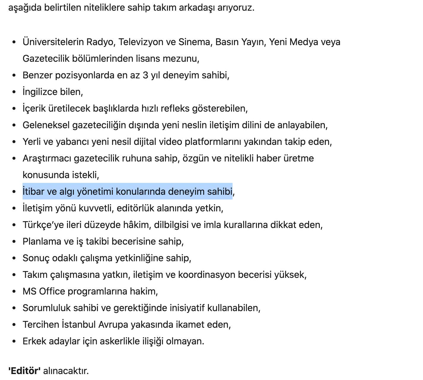 TV Net Algı Yönetiminde Deneyimli Editör Arıyor - Resim: 1