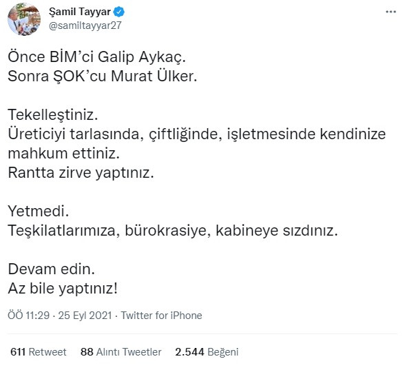 AKP’li Şamil Tayyar: BİM’ci Galip Aykaç, ŞOK’cu Murat Ülker Tekelleştiniz! - Resim: 1