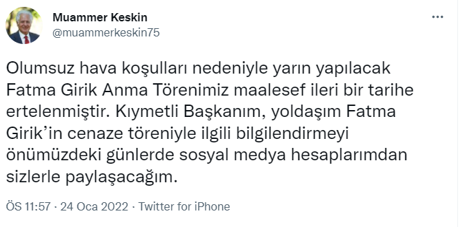 Hava Koşulları Nedeniyle Fatma Girik'i Anma Töreni Ertelendi - Resim: 1