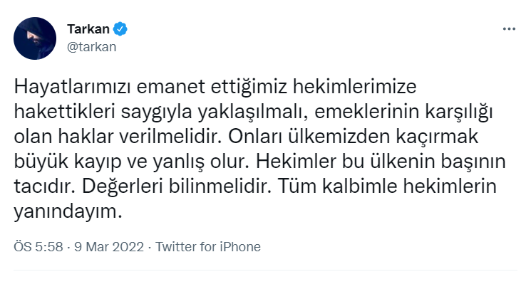 Erdoğan'ın Gitsinler Dediği Doktorlara Tarkan'dan Tam Destek: Tüm Kalbimle Yanlarındayım - Resim: 1