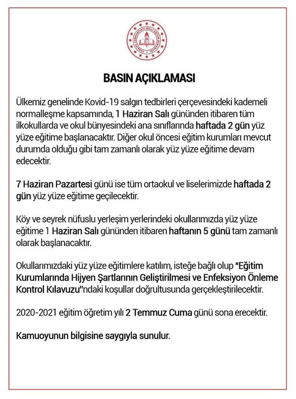 Ziya Selçuk: 1 Hazirandan İtibaren Yüz Yüze Eğitim Başlıyor - Resim: 1