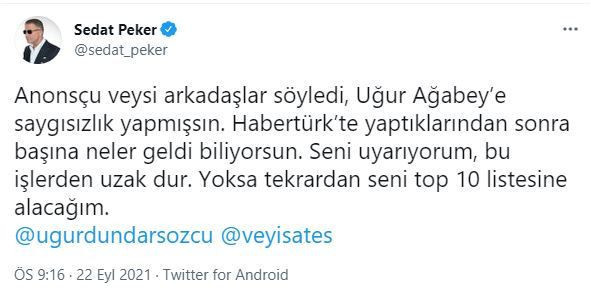 Sedat Peker Veyis Ateş'i Uyardı: Yoksa Tekrar Seni... - Resim: 1