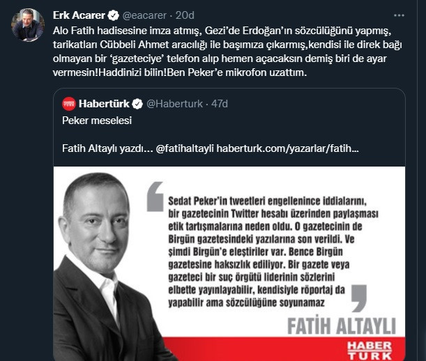 Altaylı'nın Yazısı Erk Acarer'i Çileden Çıkarttı: Yeter Lan Artık! - Resim: 1