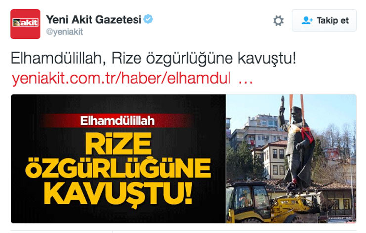 Yeni Akit'ten Atatürk heykeli skandalı: Rize özgürlüğüne kavuşmuş.. - Resim: 1
