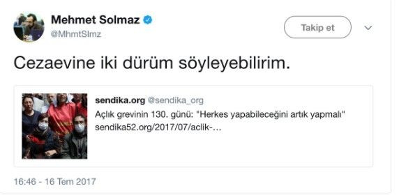 Sabah yazarından skandal Özakça ve Gülmen tweet'i: Cezaevine 2 dürüm söyleyebilirim - Resim: 1