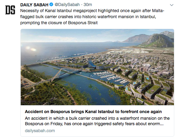 Daily Sabah: Boğaz'daki kaza, Kanal İstanbul'un gerekliliğini gösterdi - Resim: 1