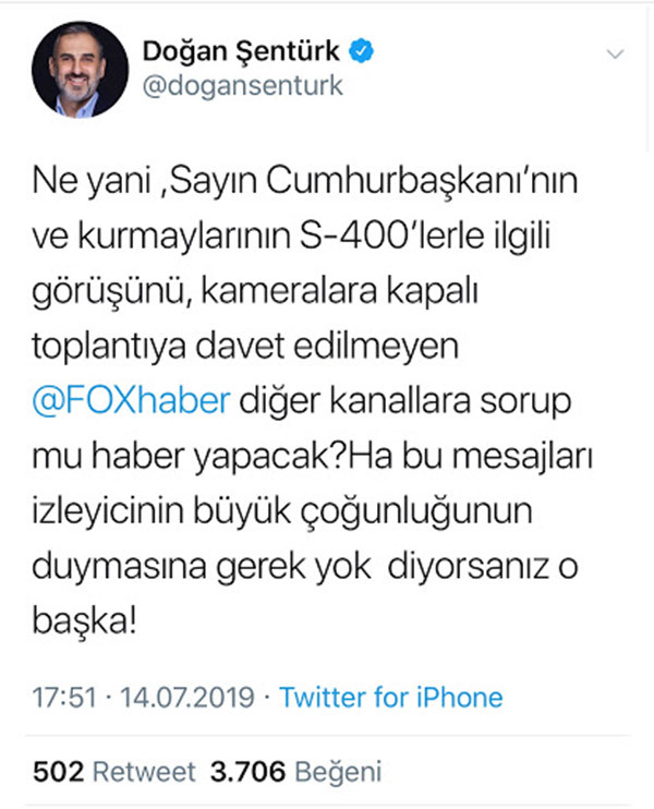 Doğan Şentürk: Fox Haber Erdoğan'ın sözlerini başka kanala sorup mu haber yapacak? - Resim: 1