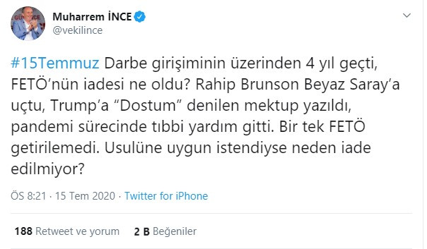Muharrem İnce'den AKP'ye kritik FETÖ sorusu: Neden iade edilmiyor? - Resim: 1
