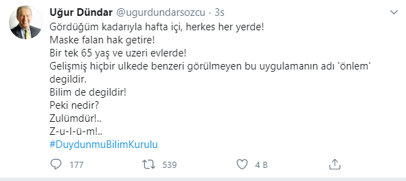 Uğur Dündar'dan 65 yaş tepkisi: Bunun adı zulümdür! - Resim: 1