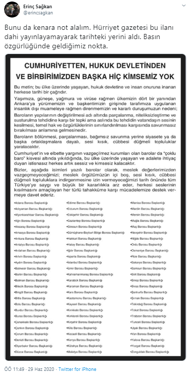 Hürriyet gazetesi baroların destek çağrısı ilanını yayımlamadı - Resim: 1