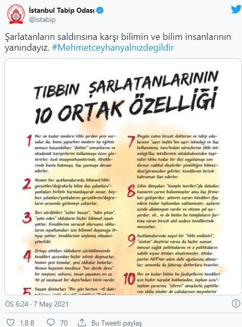 İstanbul Tabip Odası'ndan Mehmet Ceyhan'a Destek: Bilimin Yanındayız #MehmetCeyhanyalnızdegildir - Resim: 1