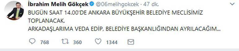 Melih Gökçek'ten istifa öncesi son tweet! - Resim: 1