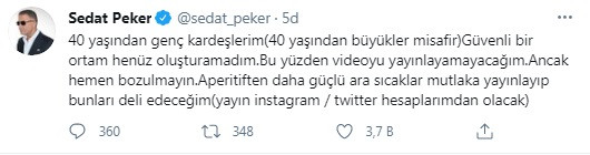 Sedat Peker Pazar Günü Video Yayınlamayacağını Açıkladı - Resim: 1