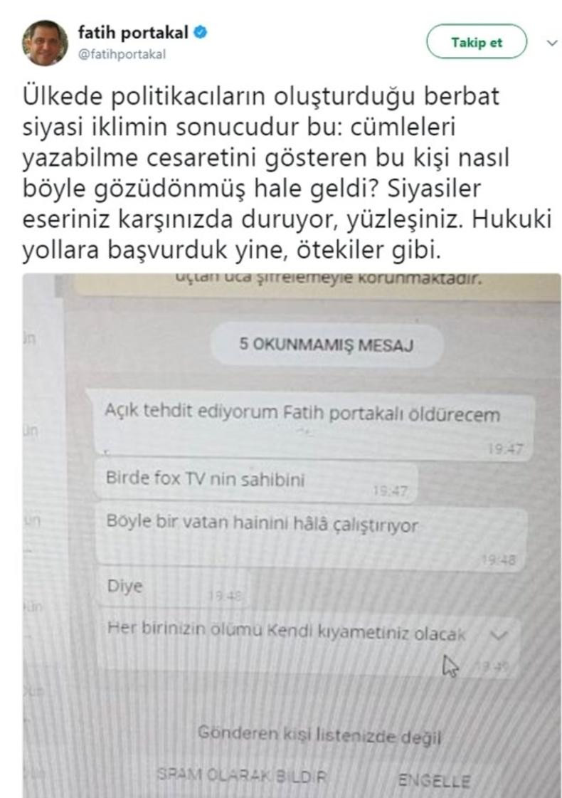 Fatih Portakal aldığı ölüm tehdidini sosyal medyada paylaştı - Resim: 1