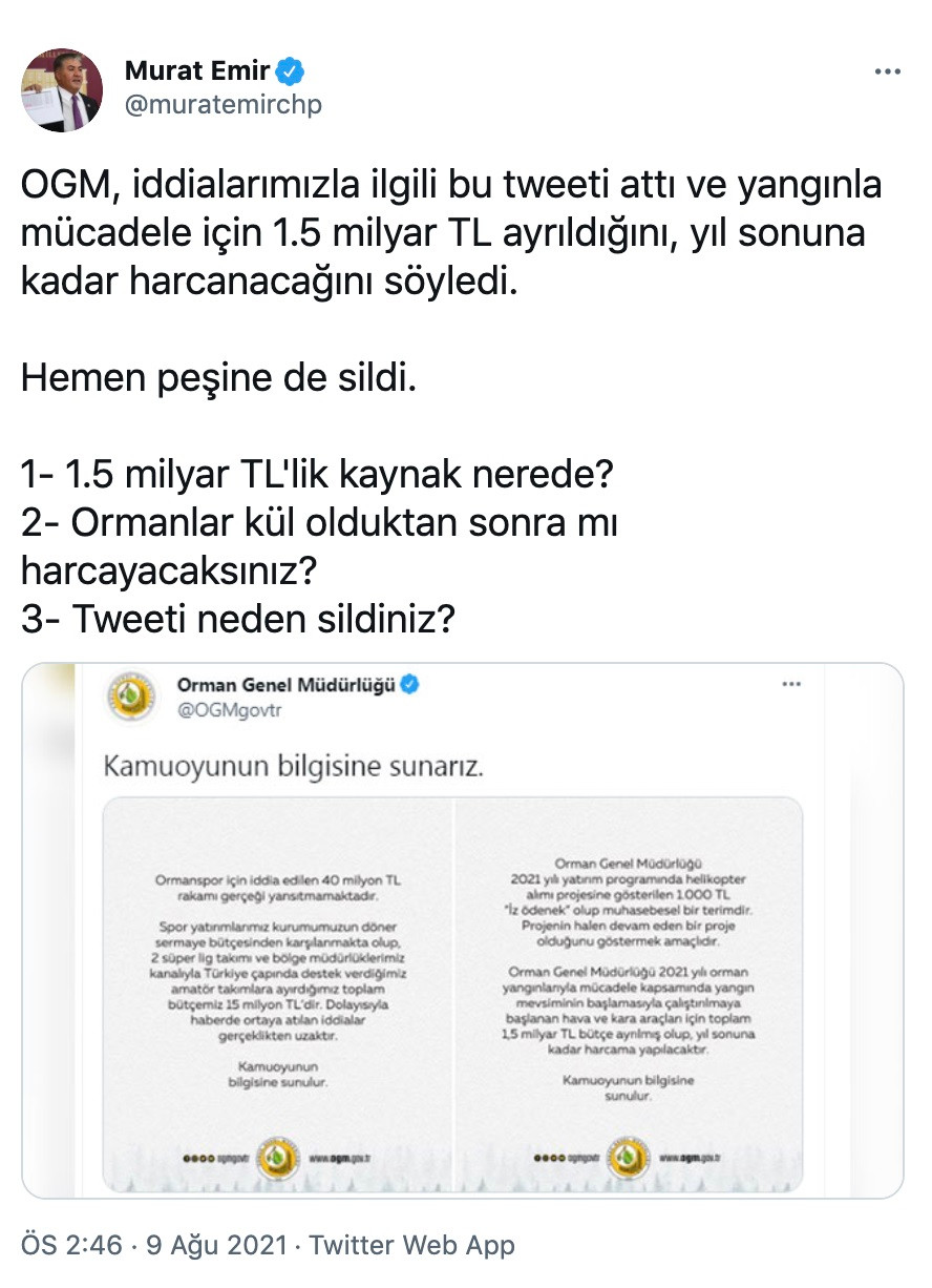 CHP'li Emir'den Paylaşımlarını Silen Orman Genel Müdürlüğüne Tepki - Resim: 1