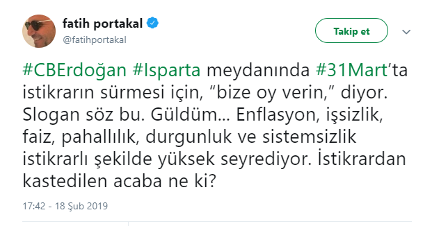 Fatih Portakal'dan Erdoğan'a istikrar eleştirisi: Güldüm - Resim: 1